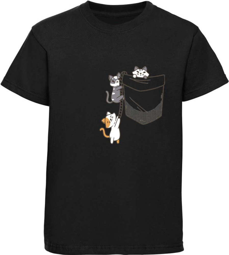 Printed children's T-shirt cats that climb into the breast pocket